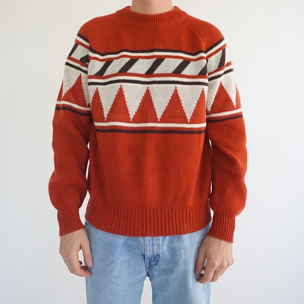 Vintage Kingsport Red Geometric Knit Sweater Bold Pattern XL